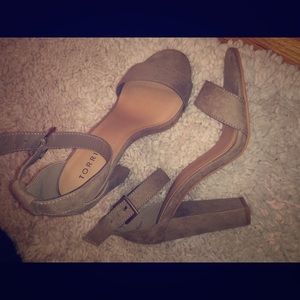 Taupe suede ankle strap heel